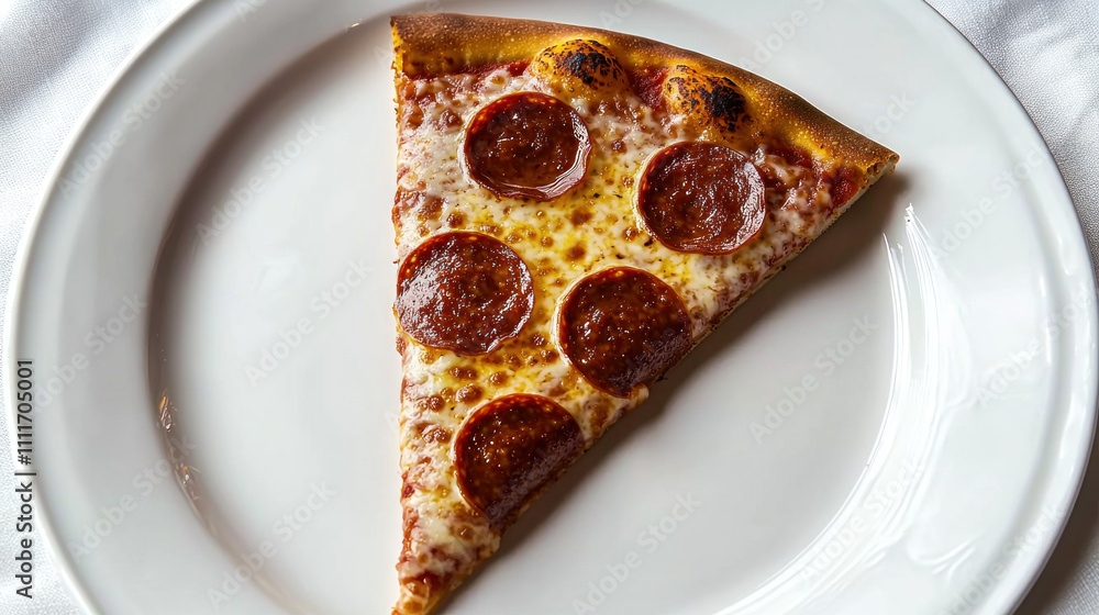 Single slice of pepperoni pizza on white plate. Single slice of pepperoni pizza on white plate.
