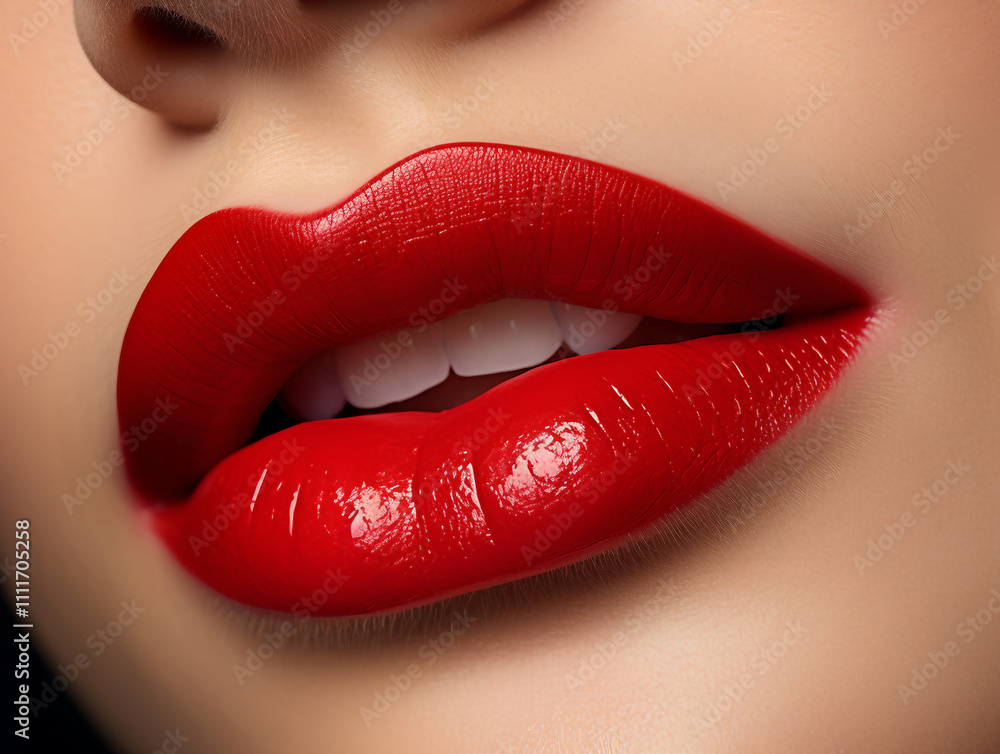 Close up of woman's lips with vibrant red lipstick. Concept of beauty, makeup, and glamour. Close up of woman's lips with vibrant red lipstick. Concept of beauty, makeup, and glamour.
