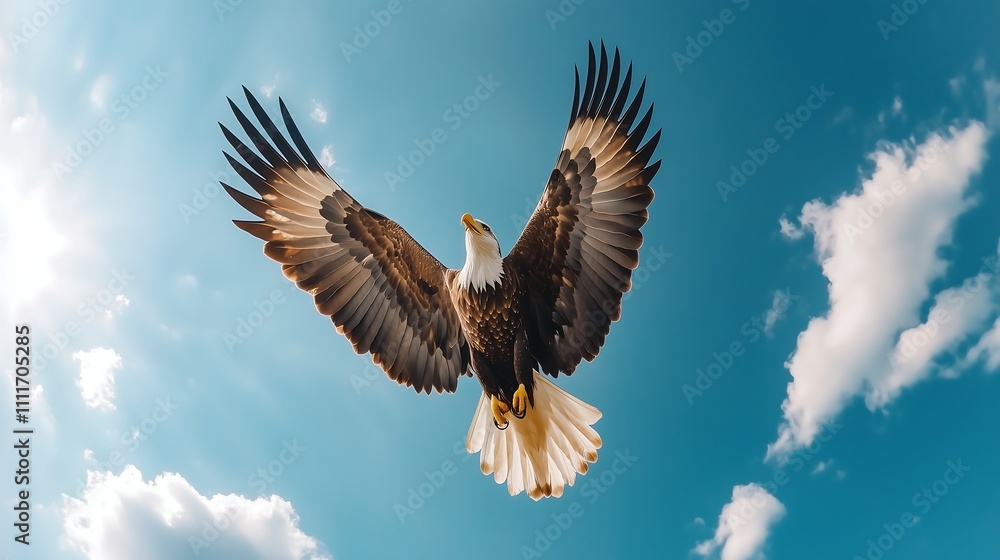 Obraz premium An eagle soaring high in the sky, wings spread wide, creating an atmosphere of freedom and power.
