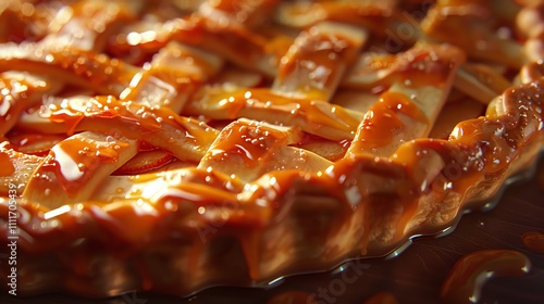 Close-up of a delicious apple pie with a caramel glaze, showing a lattice crust and juicy apple filling. photo