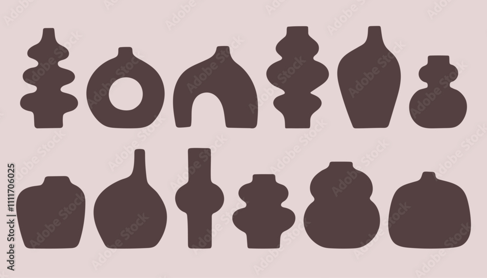 Abstract vase silhouette set. Trendy ceramic pot vase jug or shape jar bottles silhouette set. Cozy home decor handmade boho pottery black form.