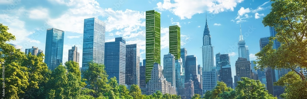 Modern city skyline with green buildings and traffic under a blue sky. Modern city skyline with green buildings and traffic under a blue sky.
