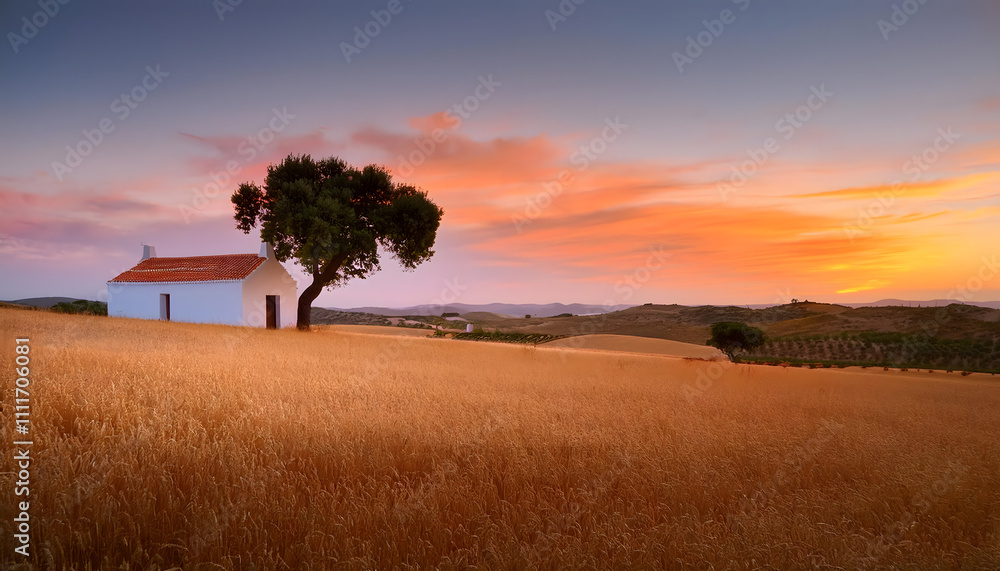 Lonely olive tree stands against the backdrop of vibrant Alentejo Plains at sunset, a peaceful escape into nature's beauty and tranquility Lonely olive tree stands against the backdrop of vibrant Alentejo Plains at sunset, a peaceful escape into nature's beauty and tranquility