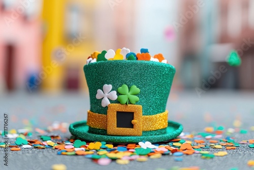 Vibrant St. Patrick's Day Celebration with Colorful Confetti and Decorative Hat