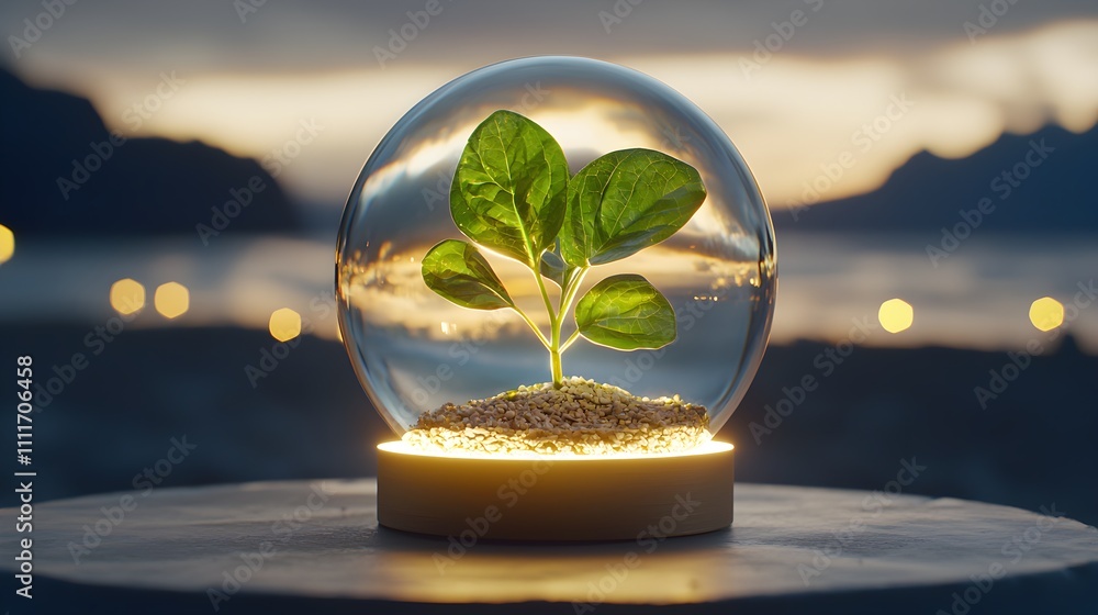 Globe with emerging plant, beach setting, glowing sunset sky Globe with emerging plant, beach setting, glowing sunset sky