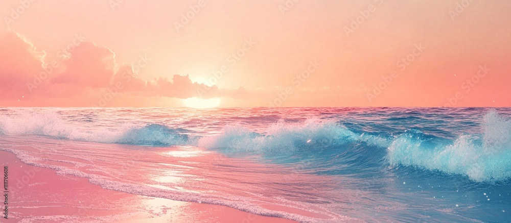 Obraz premium A serene sunset over the ocean, with gentle waves and a pastel sky.