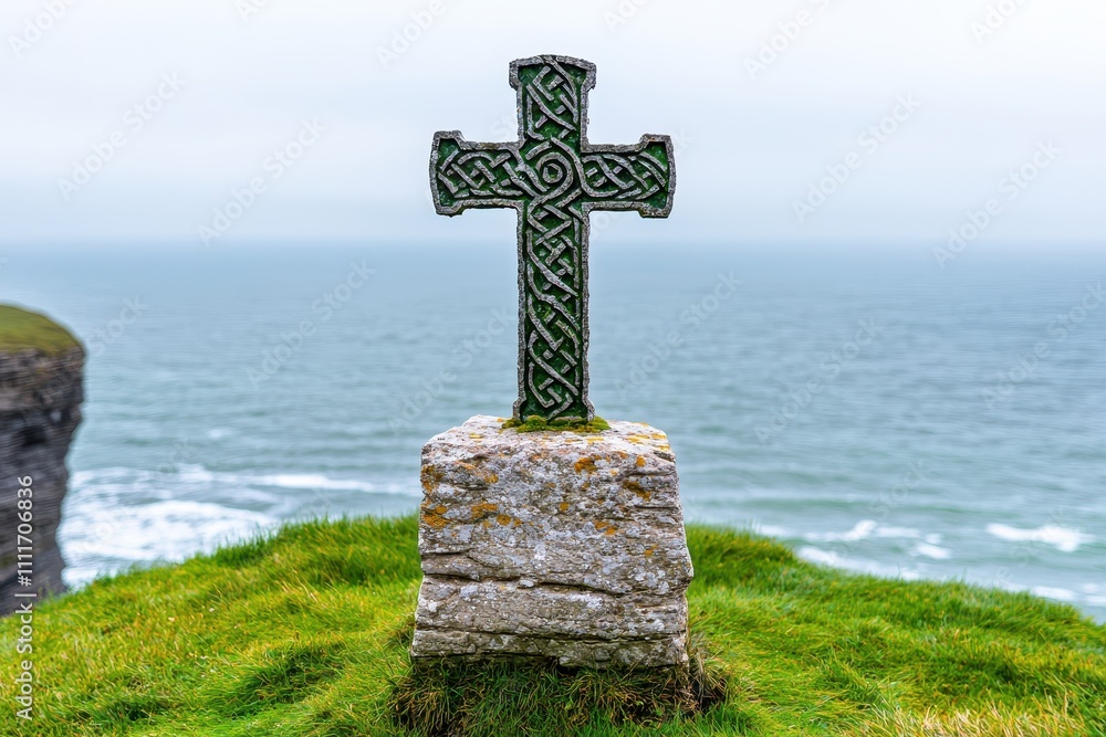 Stunning Coastal View Featuring an Ancient Celtic Cross Against a Serene Seascape Stunning Coastal View Featuring an Ancient Celtic Cross Against a Serene Seascape