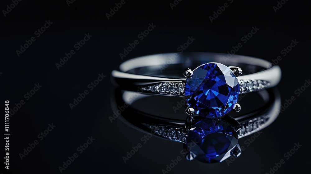 Sparkling Blue Sapphire Ring with Diamonds on Black Background Sparkling Blue Sapphire Ring with Diamonds on Black Background