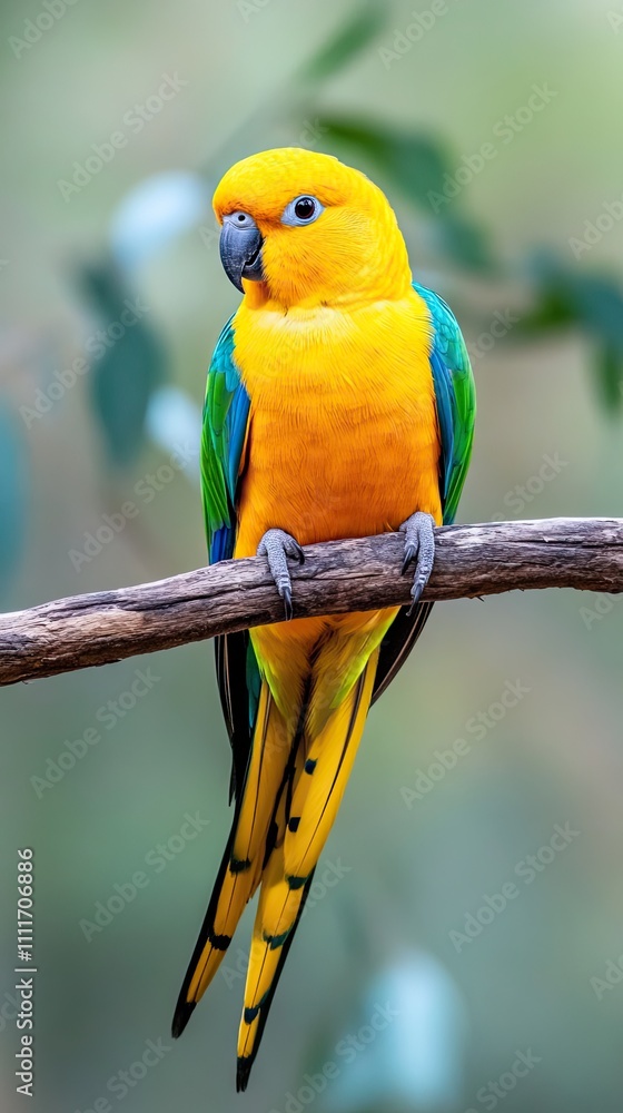 Obraz premium Vibrant Yellow and Green Parrot Perched on a Branch in a Lush Tropical Forest Setting
