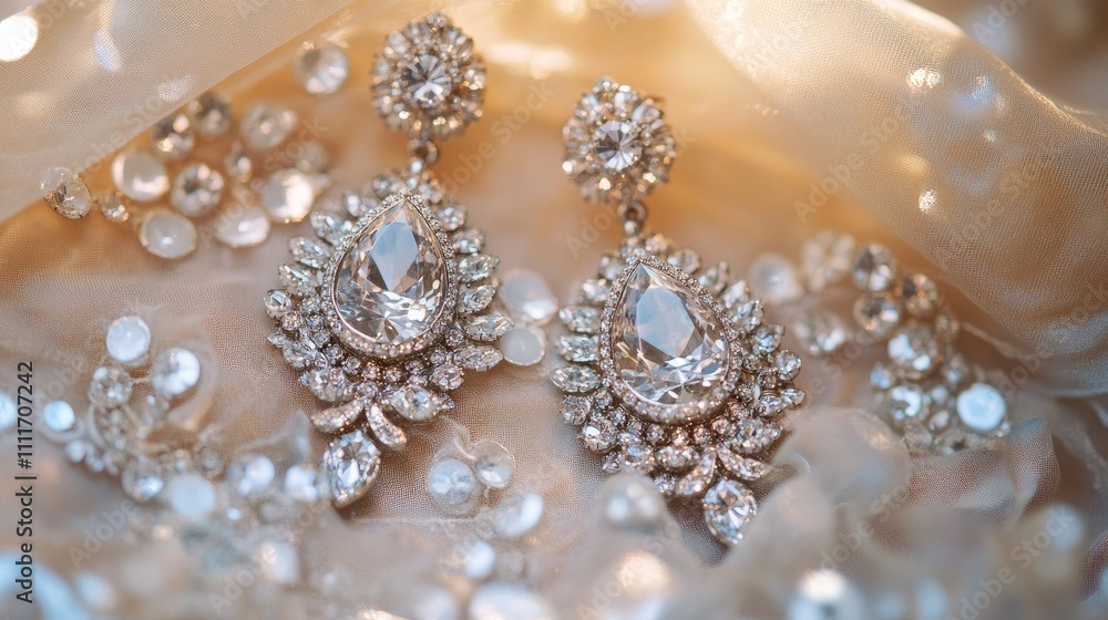 Elegant sparkling earrings on soft fabric with delicate embellishments Elegant sparkling earrings on soft fabric with delicate embellishments