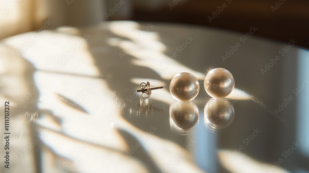 Elegant Pearl Earrings on Reflective Surface with Shadows Elegant Pearl Earrings on Reflective Surface with Shadows
