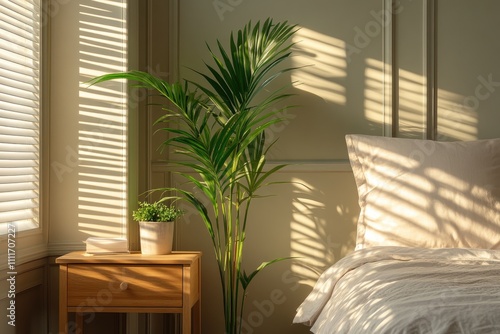 Sunlight Illuminates Bedroom Plants  creating Calm Atmosphere and Serene Morning Light  Enhancing Home Decor Style with Natural Elements.
