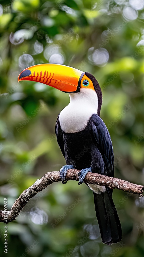 Obraz premium Vibrant Toucan Perched on Branch in Lush Greenery of Tropical Rainforest