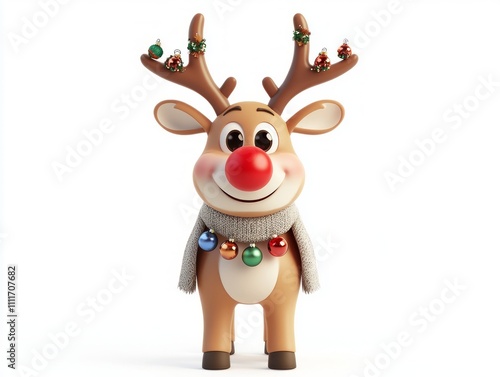 Festive Cartoon Reindeer Character with Shiny Red Nose and Ornaments on Antlers in 3D Render Isolated on White Background