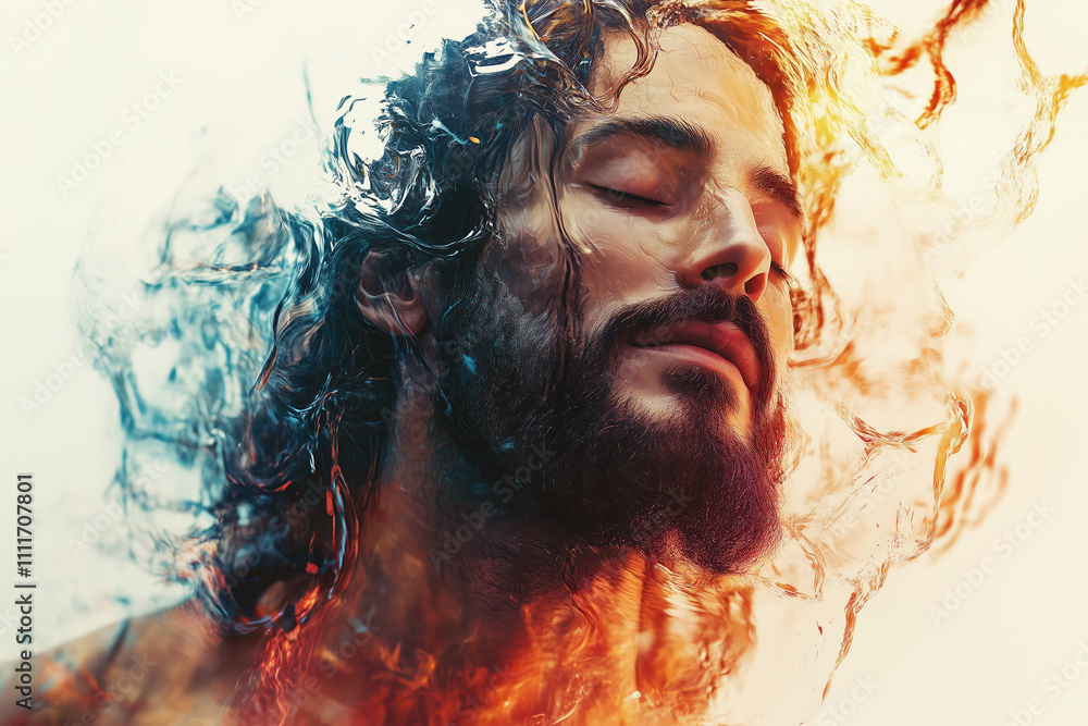 Abstract Style of Jesus Changing Water into Wine with Mystical Liquid Streams in White Scene Abstract Style of Jesus Changing Water into Wine with Mystical Liquid Streams in White Scene