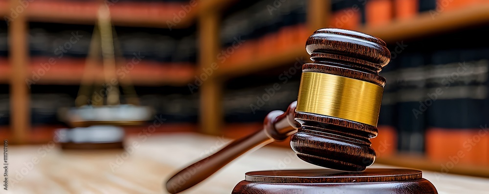Gavel on a Table in a Library Setting Gavel on a Table in a Library Setting