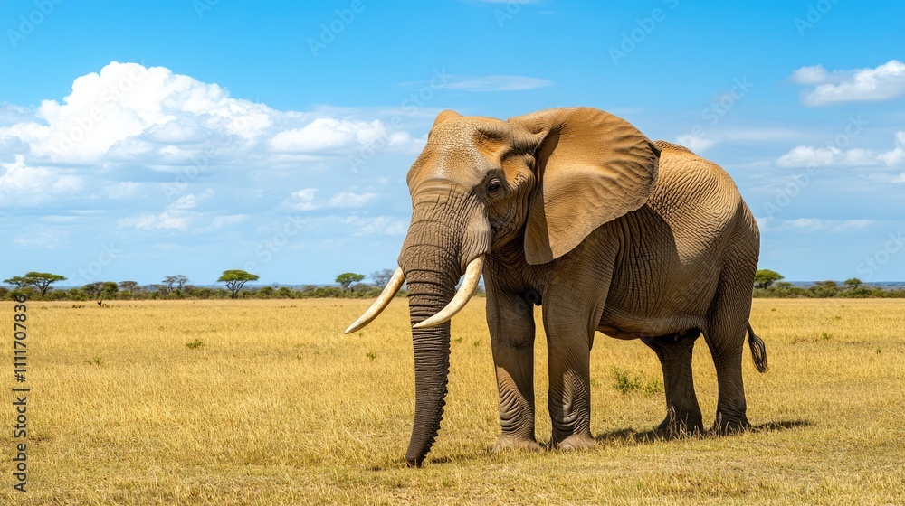 Fototapeta premium Majestic Elephant Standing in the Vast African Savannah Under a Clear Blue Sky