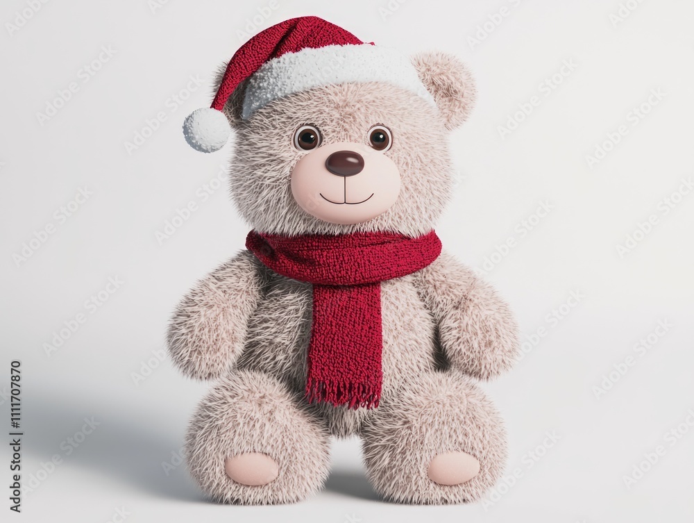 Cheerful Christmas Teddy Bear: 3D Rendered Festive Holiday Decoration with Red Scarf and Santa Hat on White Background, Ultra-Detailed and Adorable Cheerful Christmas Teddy Bear: 3D Rendered Festive Holiday Decoration with Red Scarf and Santa Hat on White Background, Ultra-Detailed and Adorable