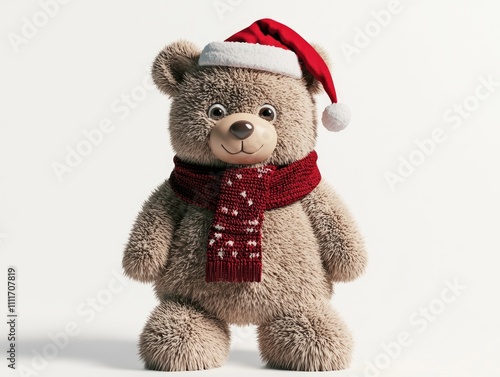 Festive Christmas Teddy Bear - Cozy 3D Render with Red Scarf and Santa Hat on Isolated Background