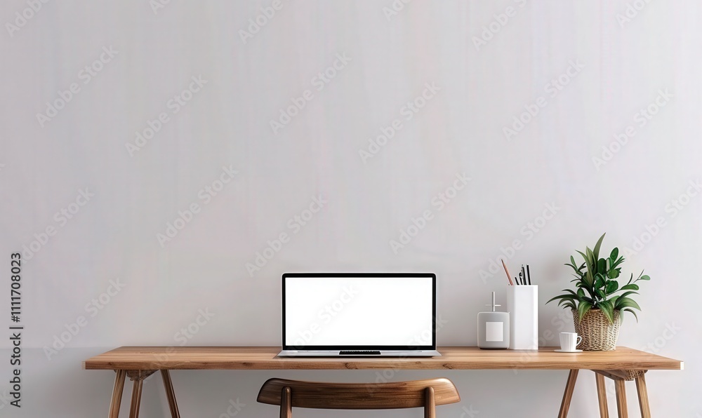 Minimalist workspace with a laptop. plant. and stationery on a wooden desk in front of a white wall Minimalist workspace with a laptop. plant. and stationery on a wooden desk in front of a white wall