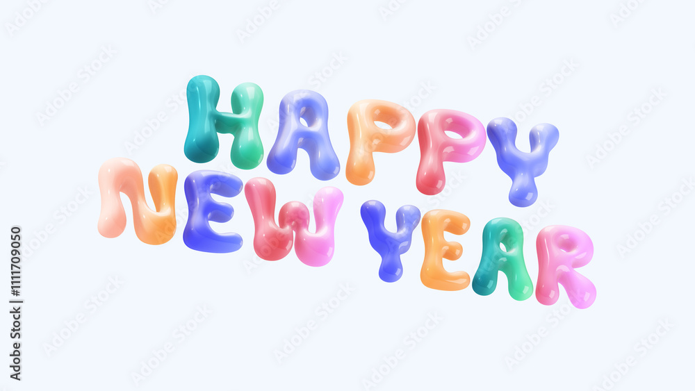 Naklejka premium 3D render Happy New Year 2025 text colorful bubble glossy glass effect