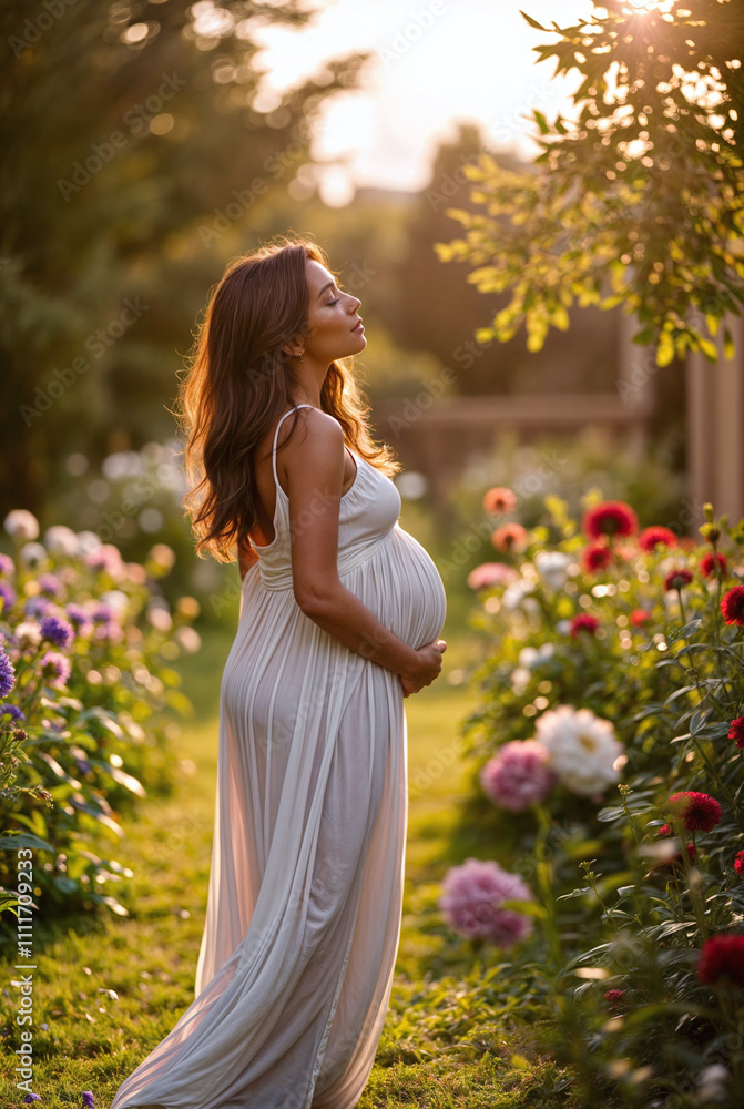 Pregnant Hispanic woman in white maxi dress standing in garden with blooming roses during golden hour sunset, peaceful maternity moment in nature Pregnant Hispanic woman in white maxi dress standing in garden with blooming roses during golden hour sunset, peaceful maternity moment in nature
