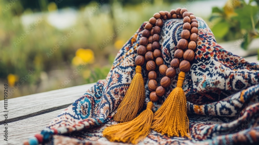 Naklejka premium Elegant Prayer Beads on Artistic Fabric with Nature Background