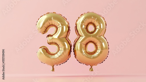 Gold number balloons 38 on a pink background. photo