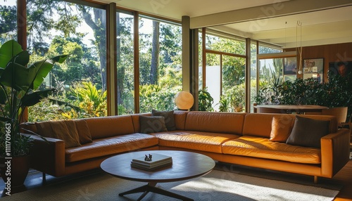 Sunlit Living Room  Leather Sofa  Plants  and Garden Views  Modern Home Design with Tranquil Atmosphere