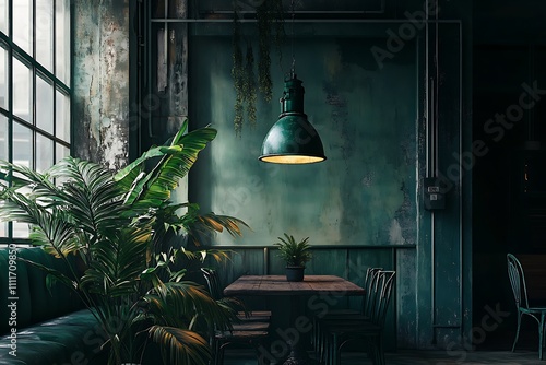 Fototapeta Naklejka Na Ścianę i Meble -  A dimly lit, industrial-style cafe interior with lush greenery and vintage furniture.