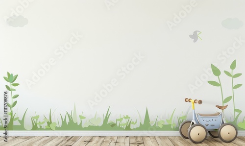 A white wall with a wooden floor and a blue toy bicycle. green grass and leaves decals. and a gray bird decal photo