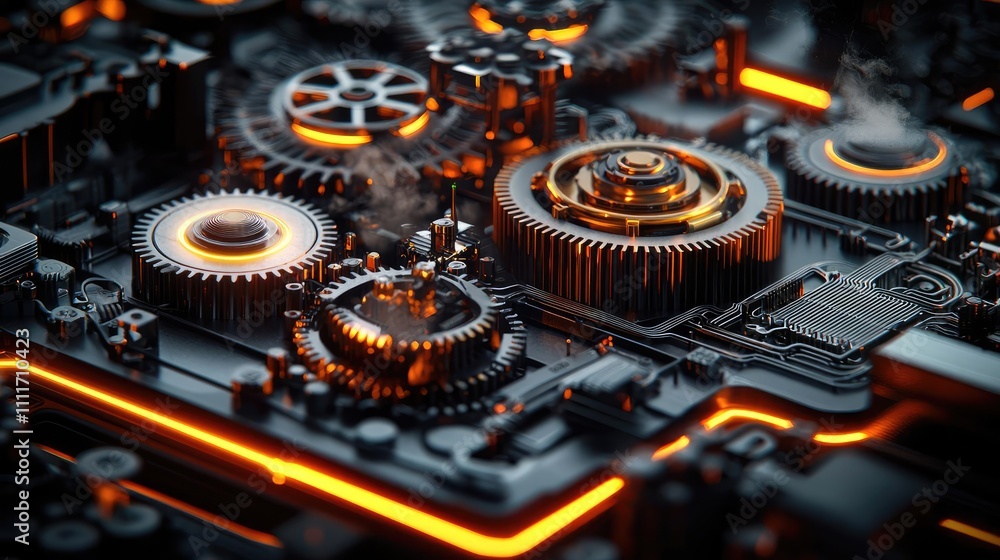 Intricate gears and circuits illuminated by orange light on a dark surface. Intricate gears and circuits illuminated by orange light on a dark surface.