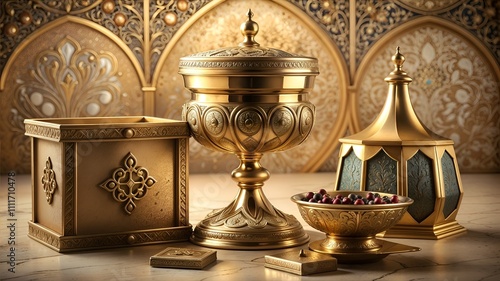 Gold chalice, incense burner, and treasure box showcasing Three Kings' gifts, elegant ornamental patterns, soft beige background