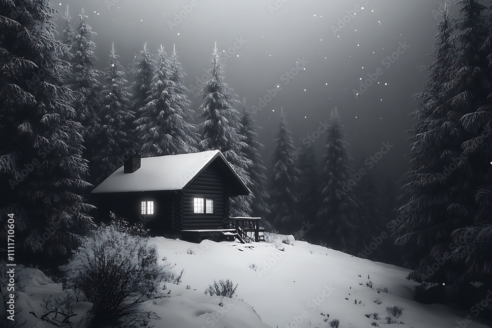 A cozy log cabin glows warmly amidst a snowy, starlit winter forest, offering a peaceful escape. A cozy log cabin glows warmly amidst a snowy, starlit winter forest, offering a peaceful escape.