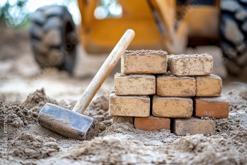 Sledgehammer and bricks on a construction site, sand nearby. Image depicts construction, groundwork, and building materials.