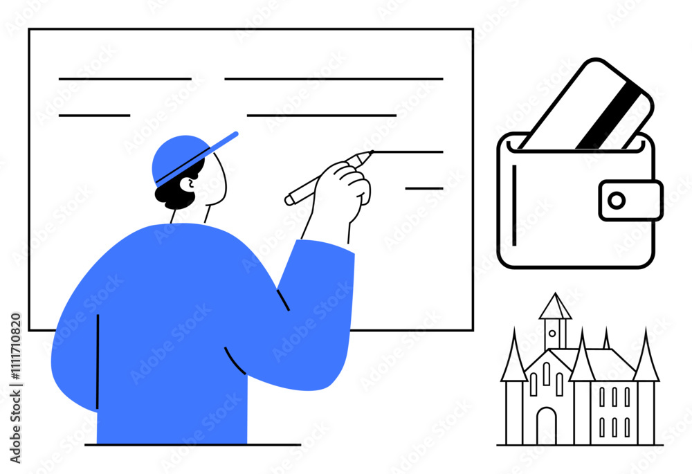 Person in blue cap writing on board with pen, nearby a wallet with a credit card and a small castle outline. Ideal for education, finance, planning, architecture, design, minimalism creativity. Line Person in blue cap writing on board with pen, nearby a wallet with a credit card and a small castle outline. Ideal for education, finance, planning, architecture, design, minimalism creativity. Line