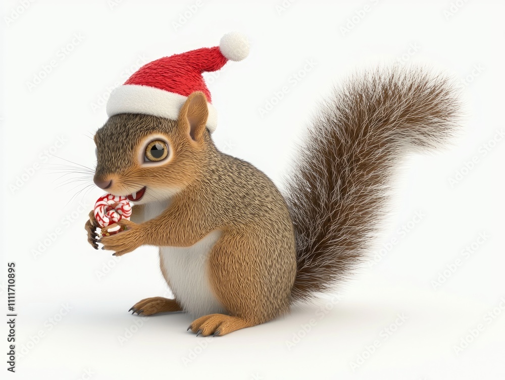 Cheery Holiday Squirrel Enjoying Festive Treat on White Background - 3D Cartoon Render with Detailed Features Cheery Holiday Squirrel Enjoying Festive Treat on White Background - 3D Cartoon Render with Detailed Features