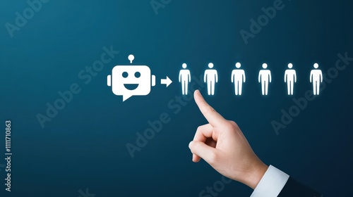 Businessman hand touches human and chatbot icons on blue, representing AI recruitment, hiring automation and smart technology for hiring