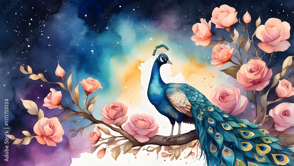 Watercolor illustration of peacock with magical galaxy background Watercolor illustration of peacock with magical galaxy background
