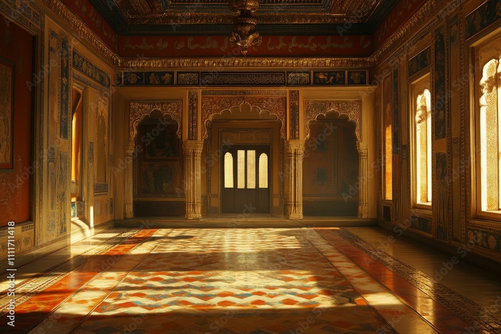 Obraz premium Ornate room, sunlight, patterned floor, gold accents.