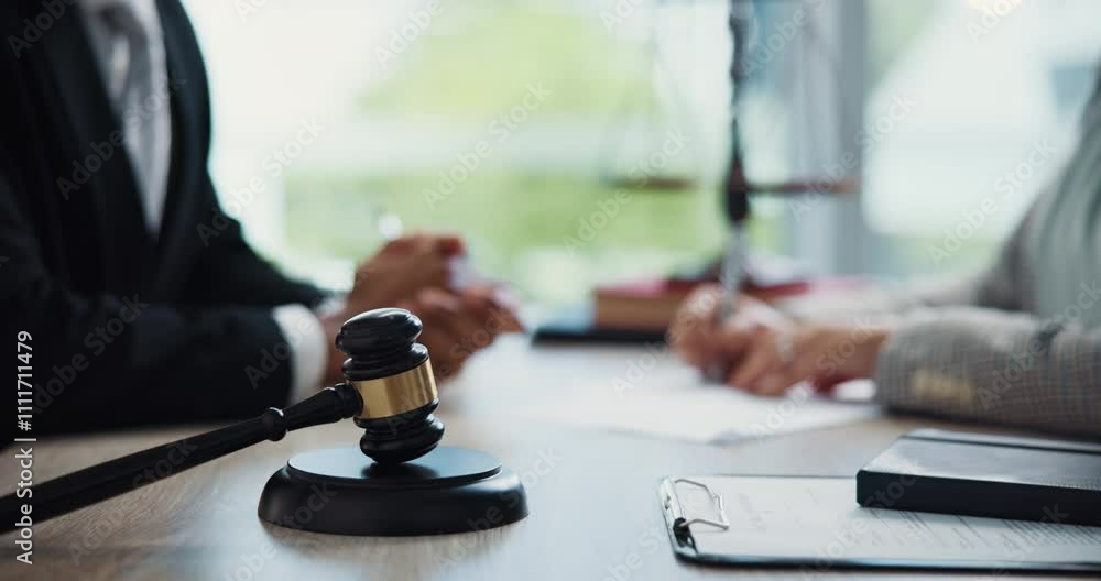 People, attorney and handshake with gavel in office, agreement and review for compliance at company. Advocate, client and documents with consultation, contract and signature at corporate law firm People, attorney and handshake with gavel in office, agreement and review for compliance at company. Advocate, client and documents with consultation, contract and signature at corporate law firm