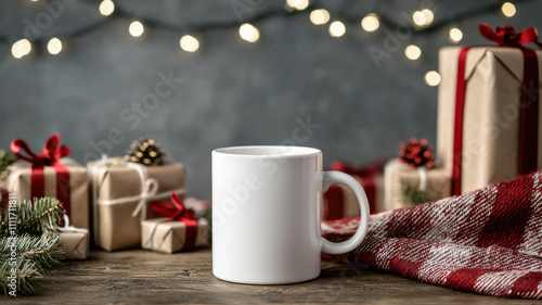 Wallpaper Mural Xmas mockup of cozy scene with plain white mug surrounded by festive gifts and lights Torontodigital.ca
