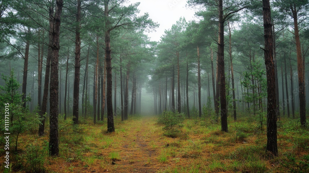 A Path Through a Foggy Pine Forest A Path Through a Foggy Pine Forest