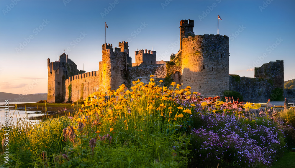 Majestic Conwy Castle stands tall amidst a vibrant array of wildflowers at sunset, creating a picturesque travel destination in Wales Majestic Conwy Castle stands tall amidst a vibrant array of wildflowers at sunset, creating a picturesque travel destination in Wales