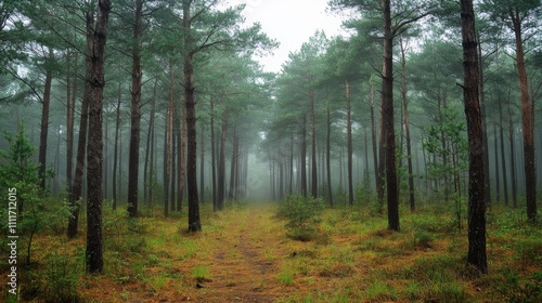 A Path Through a Foggy Pine Forest