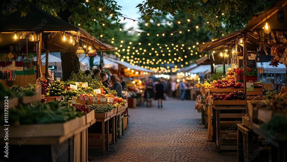 Evening Market Scene: Illuminated Stalls and Fresh Produce Under String Lights Evening Market Scene: Illuminated Stalls and Fresh Produce Under String Lights