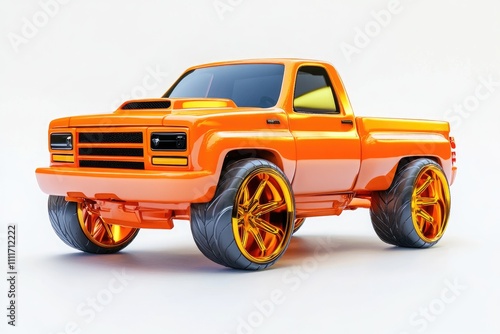 Orange Pickup Truck with Gold Rims, Custom Design, Powerful Engine, Stunning Appearance, Bold Style,  Custom-built Vehicle, Amazing Wheels,  Eye-catching Truck,  Modified Truck,  Street Style photo