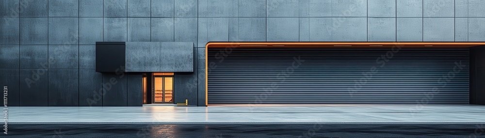 Modern Industrial Building Facade with Illuminated Door and Large Garage Entrance in Urban Setting at Dusk Modern Industrial Building Facade with Illuminated Door and Large Garage Entrance in Urban Setting at Dusk