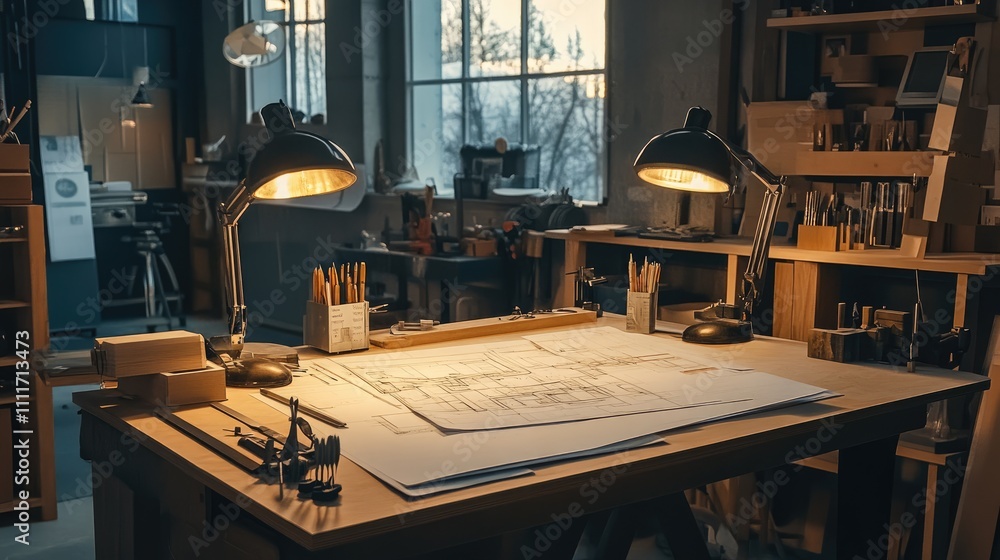 Cozy Workshop with Natural Light and Drafting Tools Cozy Workshop with Natural Light and Drafting Tools