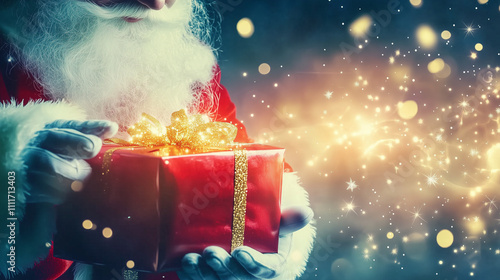 A radiant, magical Christmas scene featuring Santa Claus unveiling a glowing book from a vibrant red gift box against a deep blue starry night. This enchanting composition captures the wonder and exci photo